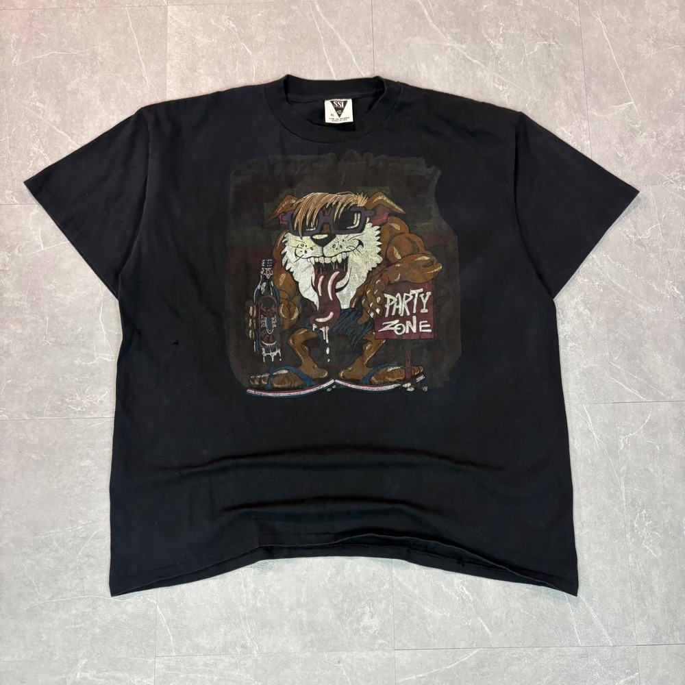 Vintage SSI Party Zone Bulldog Graphic T-Shirt Mens XL Black Single Stitch USA